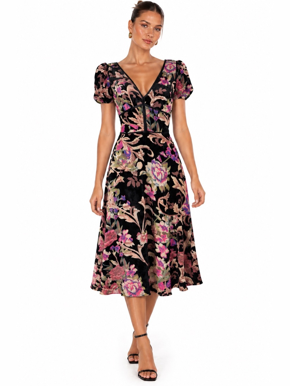 DRESS THE POPULATION Black Floral Velvet Midi Dress with Pink & Green Accents